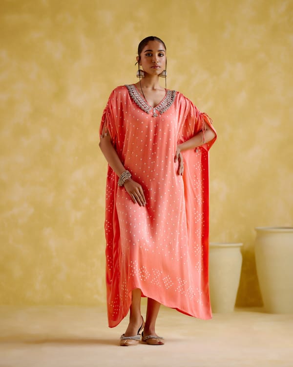 Peach Orange Bandhani Print Kaftan with Embellished V-Neck — 5 Elements