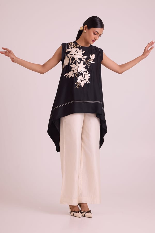 Black High-Low Satin Top with Floral Applique — Madder Much
