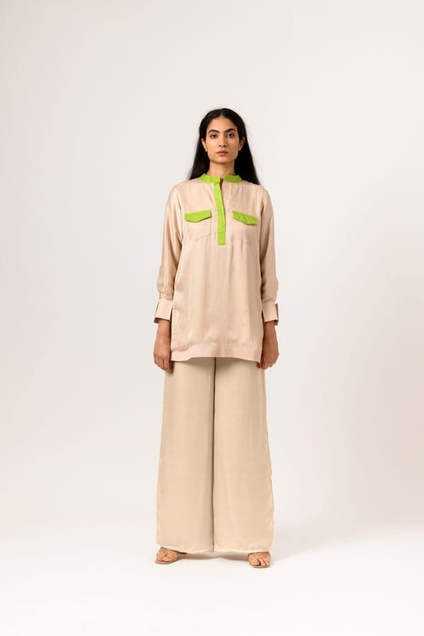 Ecru-Green Shirt and Wide-Leg Pants Co-ord Set — Neora
