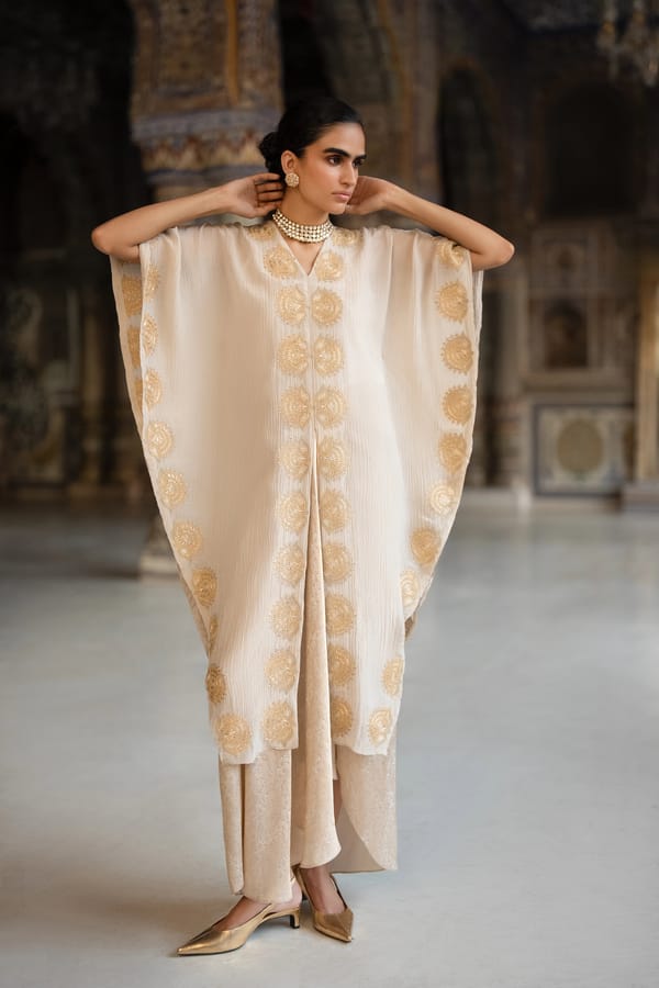 Crushed Tissue Embroidered Motif Kaftan Top & Broacde Draped Skirt — Dash and Dot
