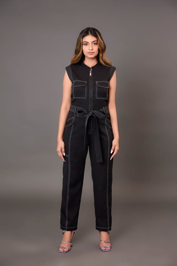 Black Tailored Zip-Front Jumpsuit with Waist Tie — Younglings