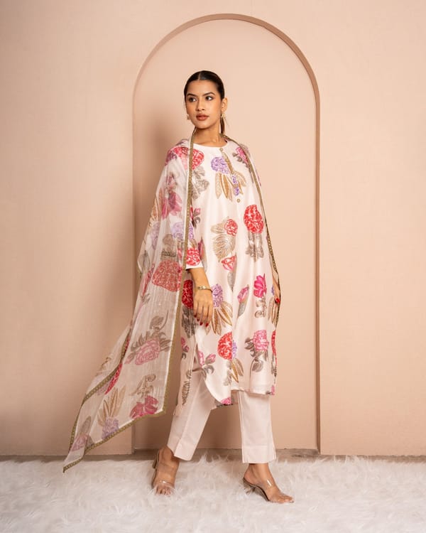 Creamy Ivory Digital Print Chanderi Suit Set — Kameez