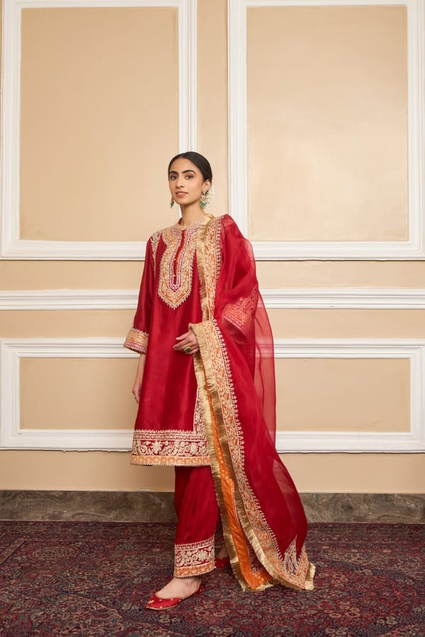Deep Red Embroidered Kurta Set with Salwar and Dupatta — Sheetal Batra
