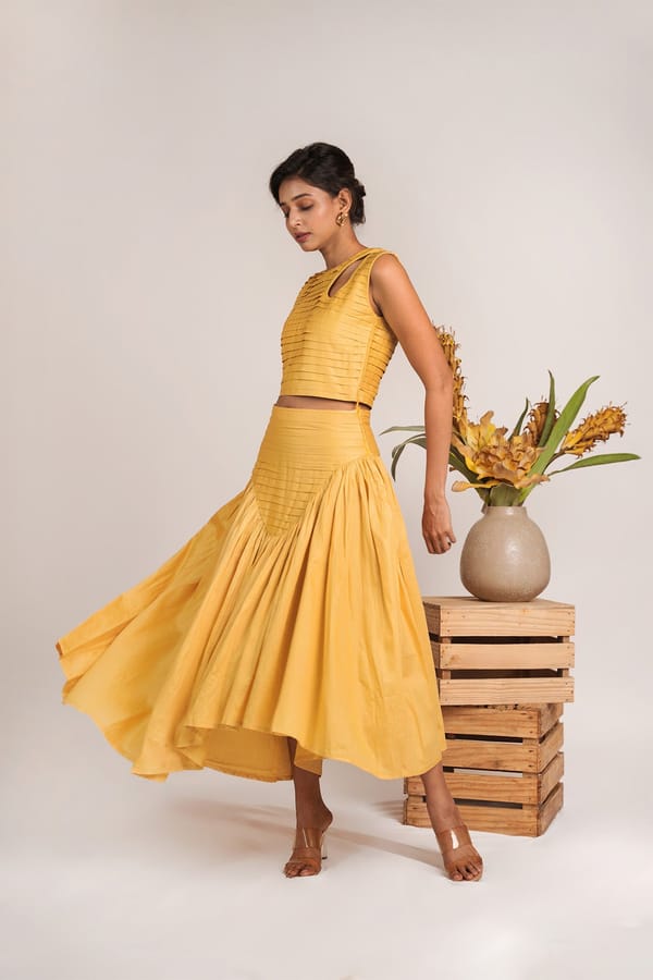 Yellow Pleated Crop Top and Midi Skirt Co-ord Set — 9899