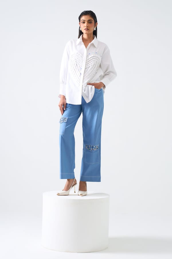 White Button-Down Shirt with Tonal Heart Applique — STITCH STORIES