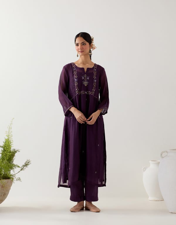 Deep Purple Chanderi Silk Embroidered Kurta Set with Slip — Tatwa Designs