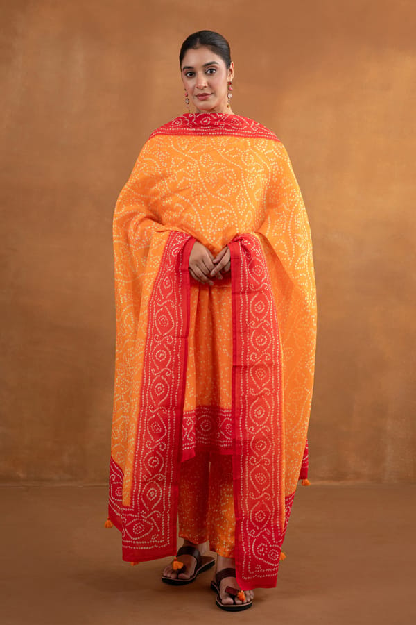 Cotton Silk Bandhani Print Kurta Set in Yellow — CHHIPA JAIPUR