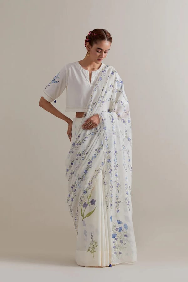 Off-White Blue and Green Floral Cotton Chanderi Saree — Upavita