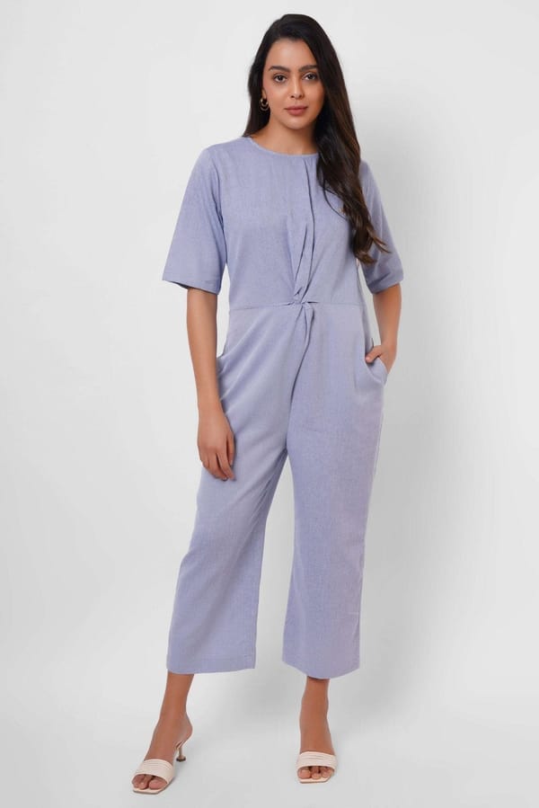 Front Twist Knot Blue Cotton Jumpsuit — Western Era