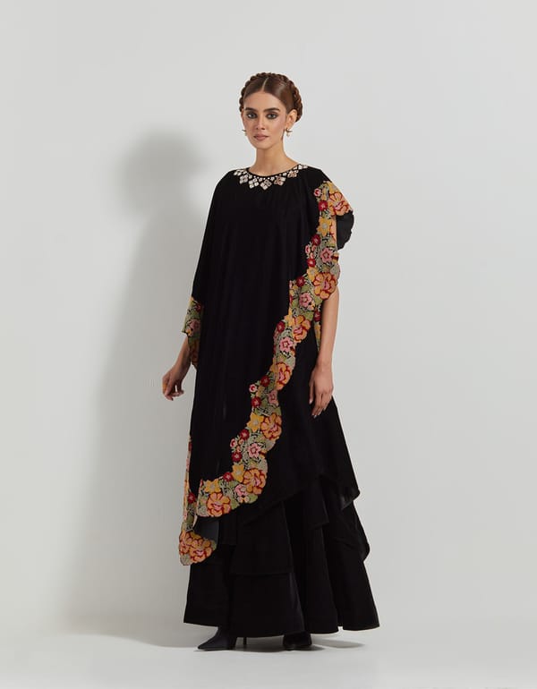Black Velvet Cape and Tiered Maxi Skirt Co-ord Set — Kavita Bhartia