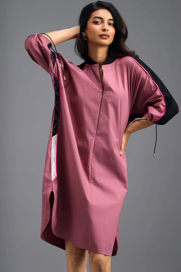 Pink Oversized Boxy Dress With Contrast Stripe — Deepika Arora