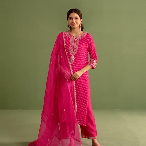 Hot Pink Mothra Print Georgette Suit Set — Kameez