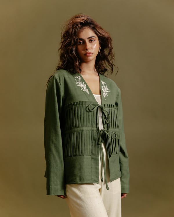 Olive Green Khadi Tie-Up Jacket with Pleated Front — SUBBAH