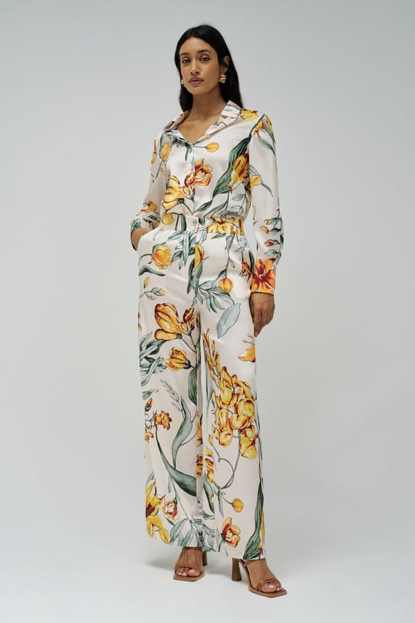 Beige Floral Print Wide-Leg Trousers — SALSA JEANS