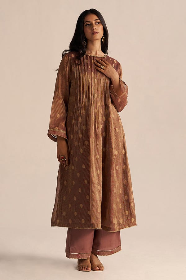 Cognac Brown Tissue-Print Kurta and Pants Co-ord Set — Ganga Fashions Pvt Ltd