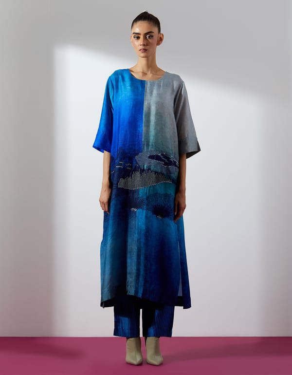 Horizon Blue and Grey Dupion Silk Kurta Set — CLOS
