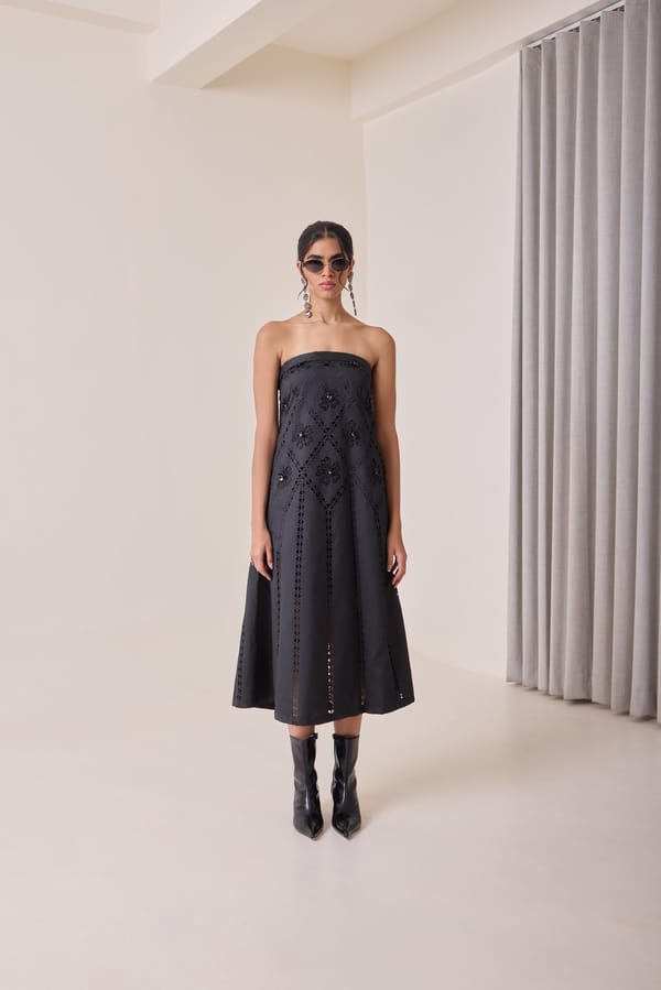 Black Strapless Cutwork Midi Dress — Needle Ten