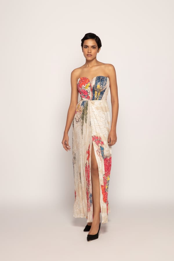 Ivory Strapless Printed Maxi Dress with Side Slit — Saaksha and Kinni