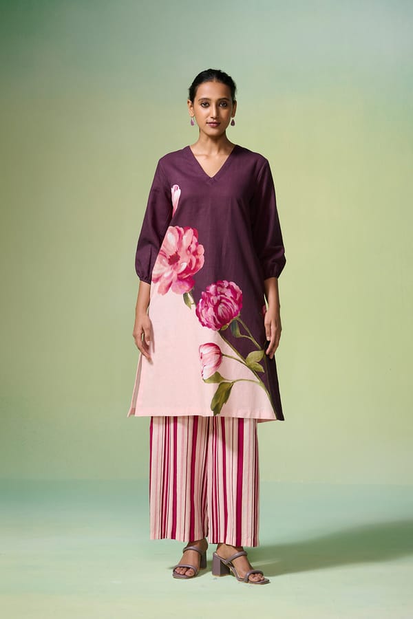 Dark Purple Floral Printed Linen-Cotton Kurta Set — Dressfolk