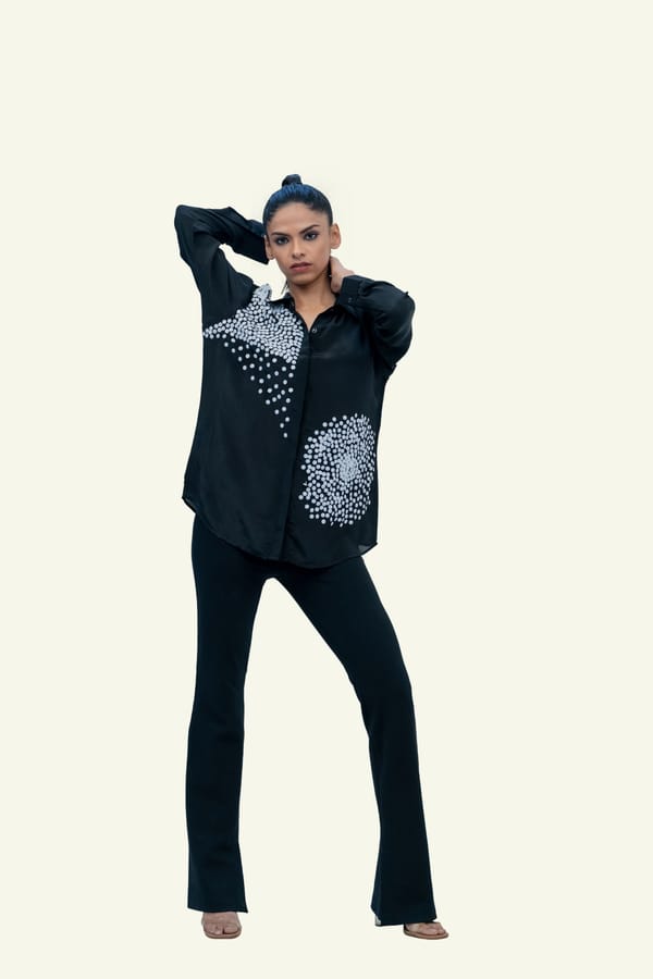 Black Crepe Shirt with Sequin Embroidery — Richa Goenka