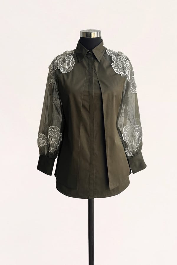 Army Green Embroidered Organza Sleeve Shirt — Our Love