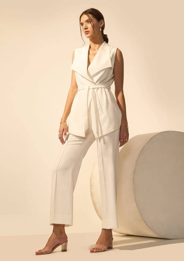 White Lapel Wrap Jacket and Wide-Leg Trousers Co-ord Set — AMOSHI
