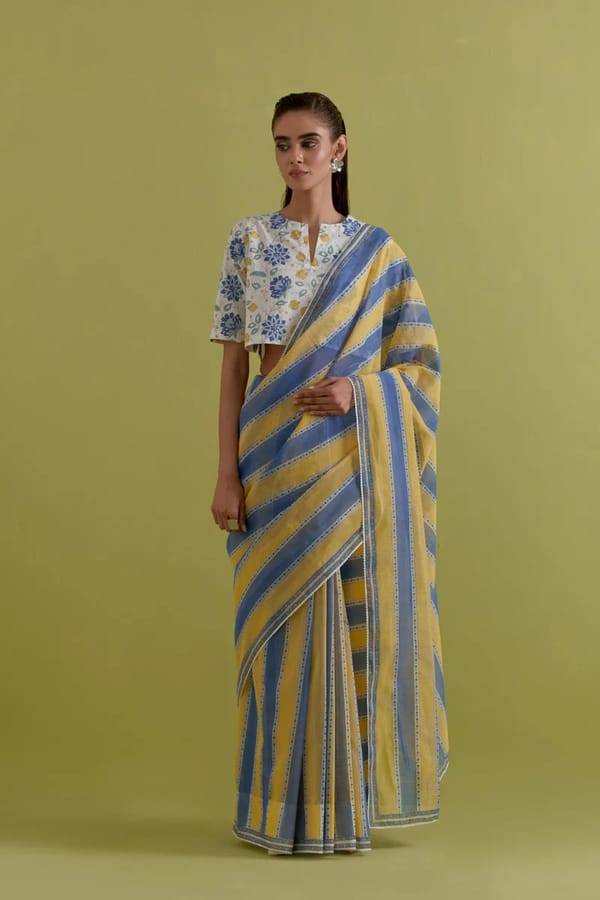 Blue Yellow Cotton Chanderi Saree Highlighted — Upavita