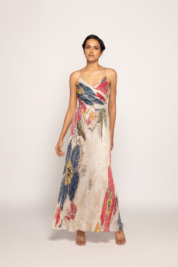 Ivory Printed Chiffon Maxi Dress with Crossover Bodice — Saaksha and Kinni