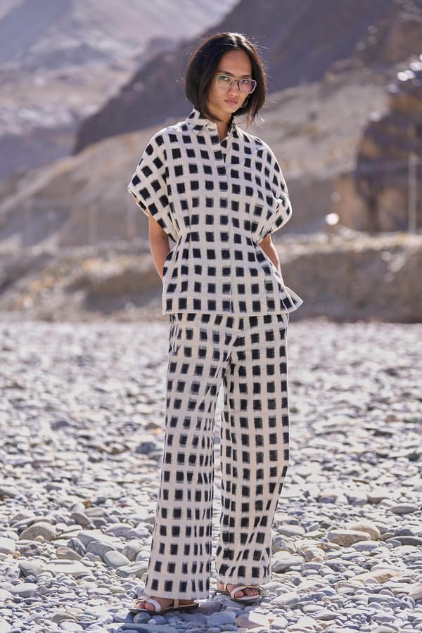 White/Black Ikat Box-Check Straight-Leg Trousers — Dash and Dot