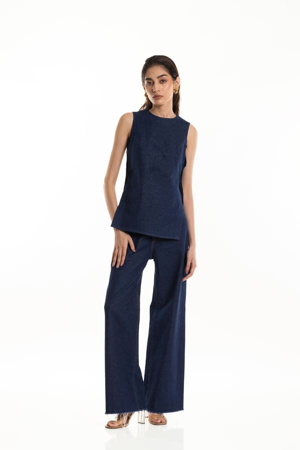 Denim Blue Sleeveless Side-Button Longline Top — Studio MuGu