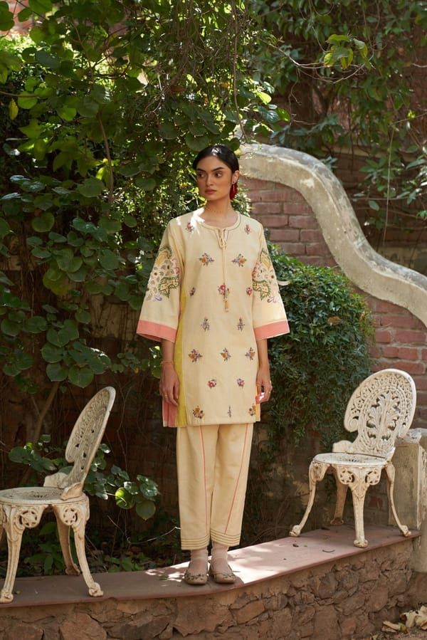 Beige Linen-Cotton Embroidered Straight Kurta Set — NIRVAIR CLOTHING