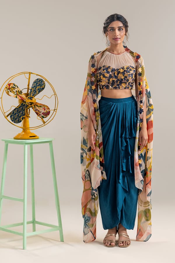 Flora Embroidered Drape Skirt Set With A Cape — SOUP by Sougat Paul