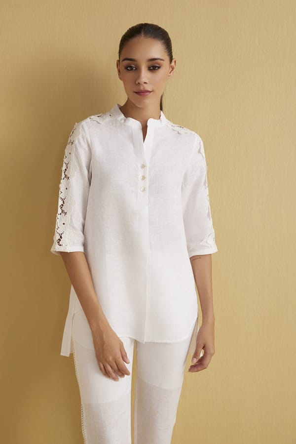 White Linen Tunic with Cutwork Lace Sleeves — YELL