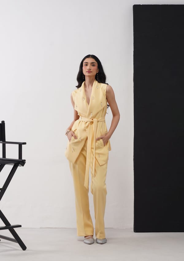 Butter Yellow Crystal Embellished Wrap Co-ord Set — AMOSHI