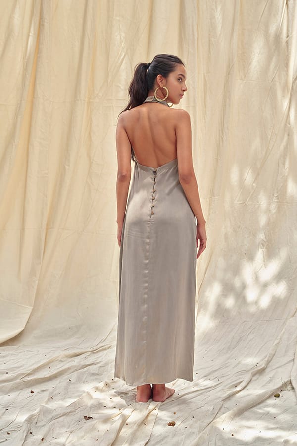 Beige Halter-Neck Backless Maxi Slip Dress — ALTER NATIVE