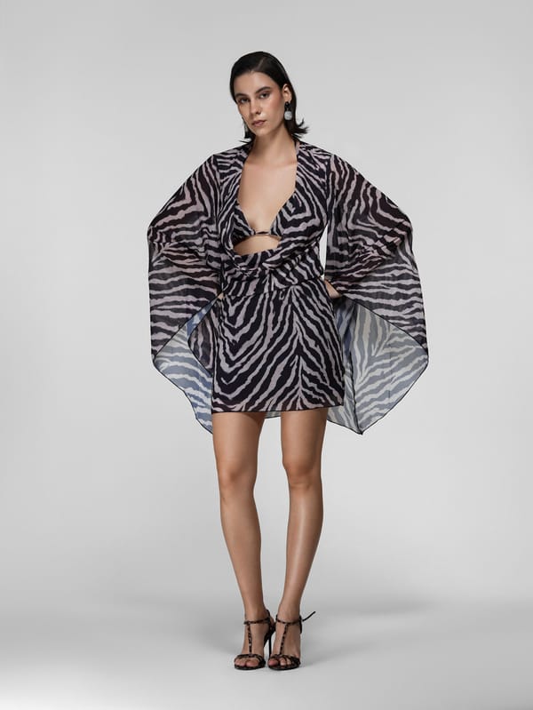 Zebra Print Sheer Cowl Wrap Dress with Bell Sleeves — The Clothing Factory