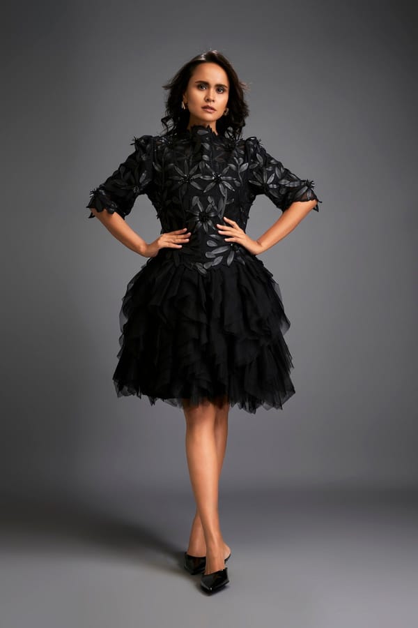 Black High-Neck Floral Applique Tulle Mini Dress — Deepika Arora