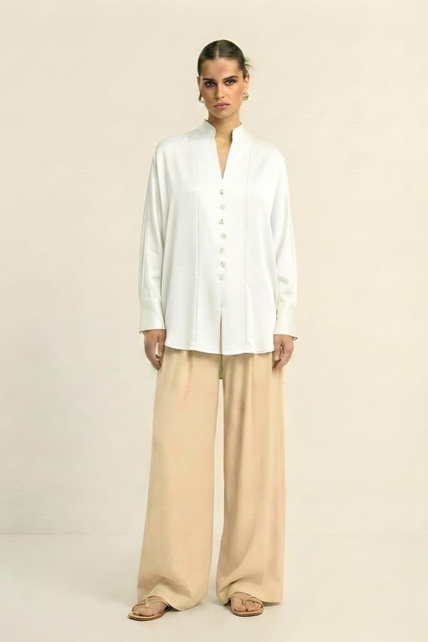 Ivory Bemberg Silk Kaftan Blouse with Mandarin V-Neck — Neora