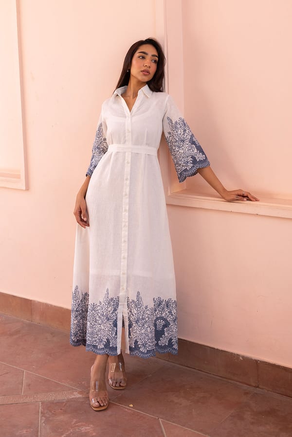 White Maxi Shirt Dress with Blue Embroidery and Cutwork — INCHING INDIA