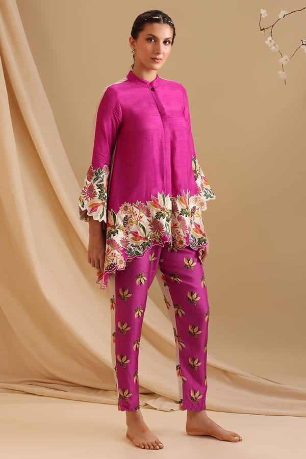 Fuchsia Pink Embroidered Cutwork Hem Co-ord Set — SOUP by Sougat Paul