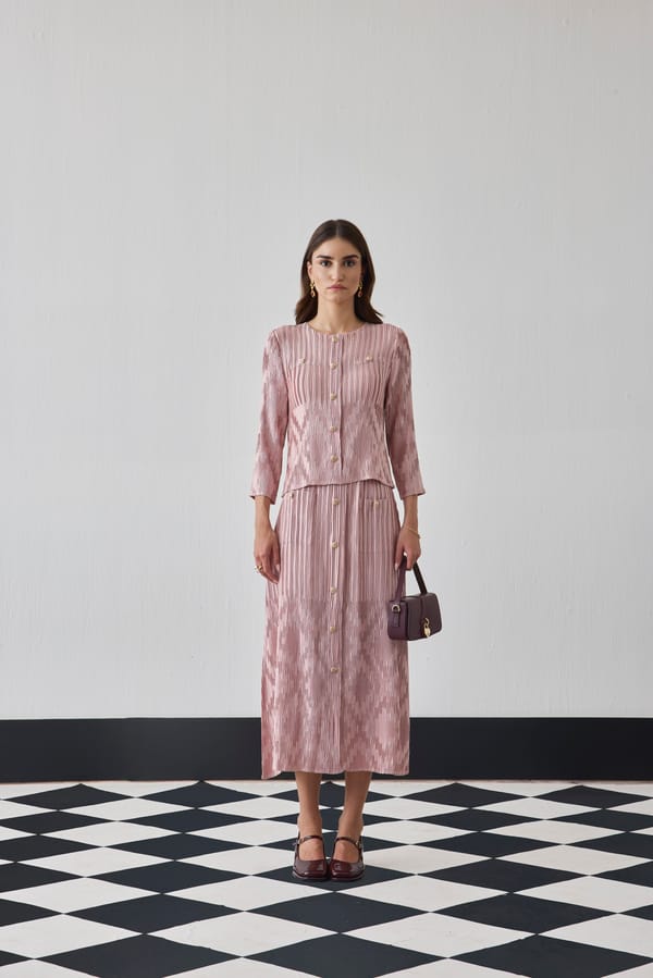 Nude Pink Pleated Printed Top and Midi Skirt Co-ord Set — Pleats by Aruni