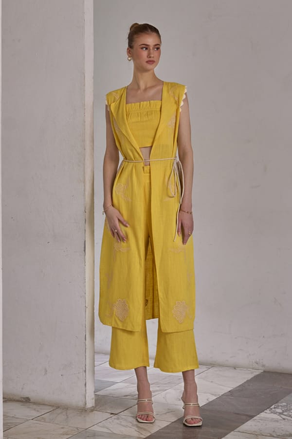 Sunkissed Yellow Linen 3-Piece Co-ord Set with Overlay — BOHO-CHIC