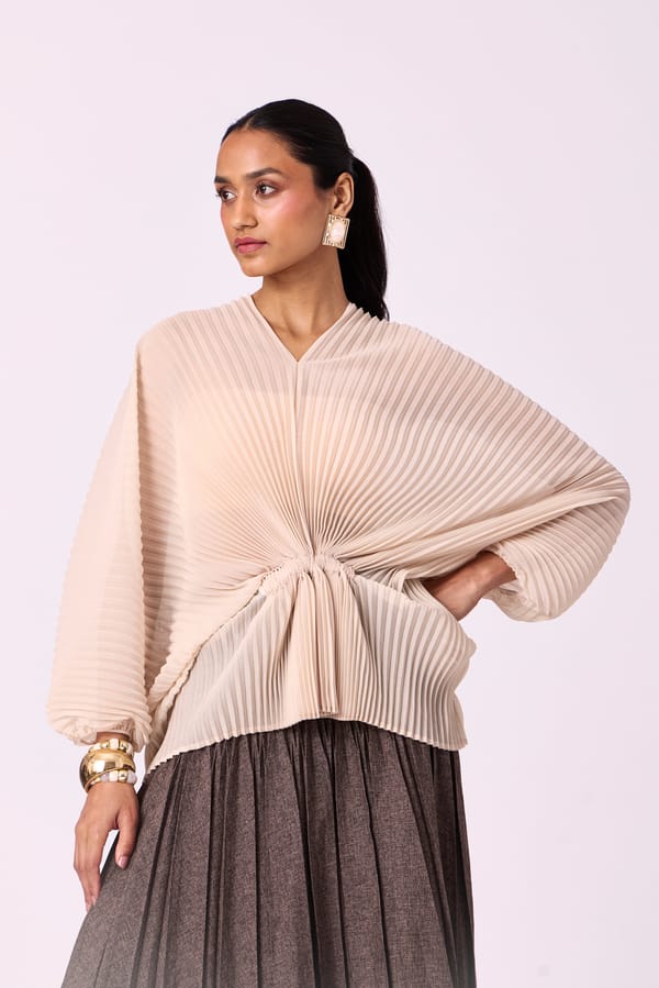 Cream Pleated Kaftan-Inspired V-Neck Batwing Top — Scarlet Sage