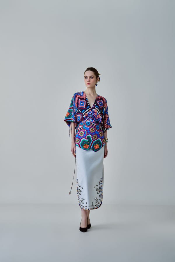 Blue/Multi Geometric Print Wrap Blouse with Tie-Up Sleeves — Saaksha and Kinni