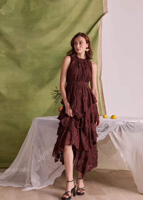 Brown Cotton Jacquard Tiered Midi Dress — Style Island