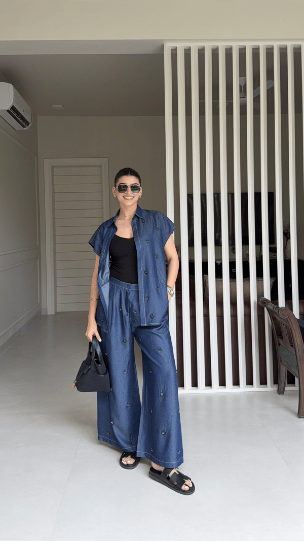 Dark Blue Denim Sleeveless Shirt and Wide-Leg Co-ord Set — Armoire