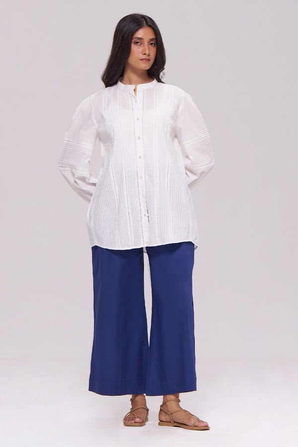 White Shirt and Blue Wide-Leg Pants Cotton Co-ord Set — Ganga Fashions Pvt Ltd