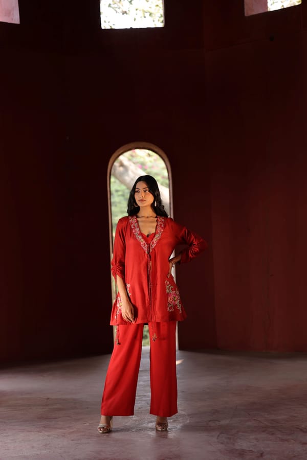 Floral Embroidered Co-Ord Set Rust — Kahani Lush