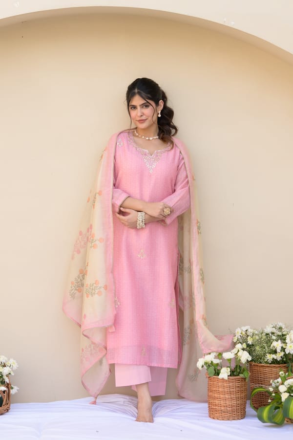 Carnation Pink Gota Work Chanderi Suit Set — MAHEE JAIPUR