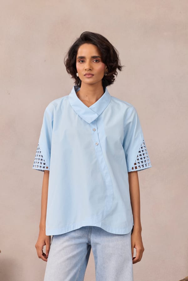 Frost Blue A-Line Shirt with Geometric Mesh Sleeve Inlay — 63East